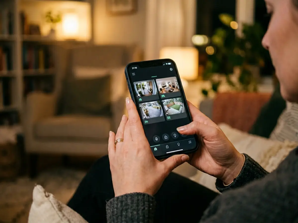 Live security feed on a phone in a living room