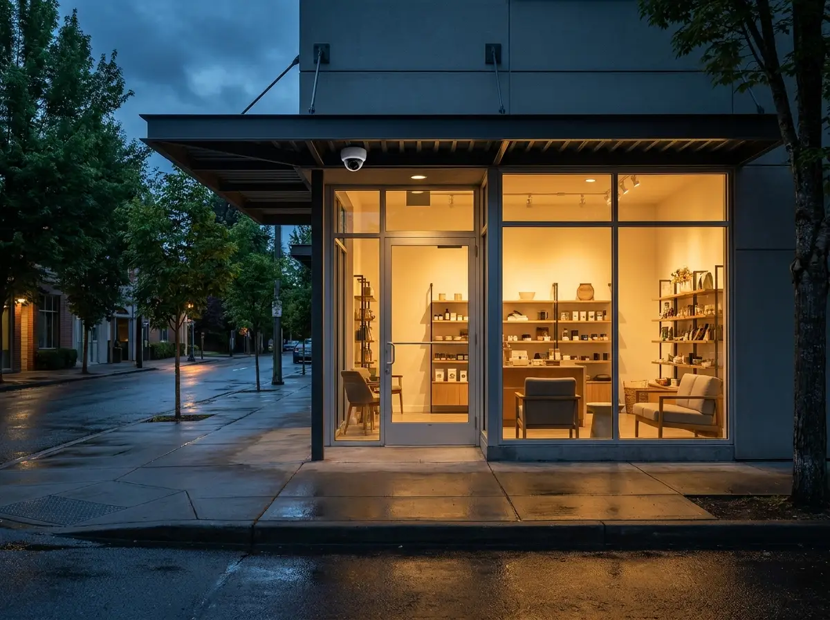 Modern storefront at night with security coverage