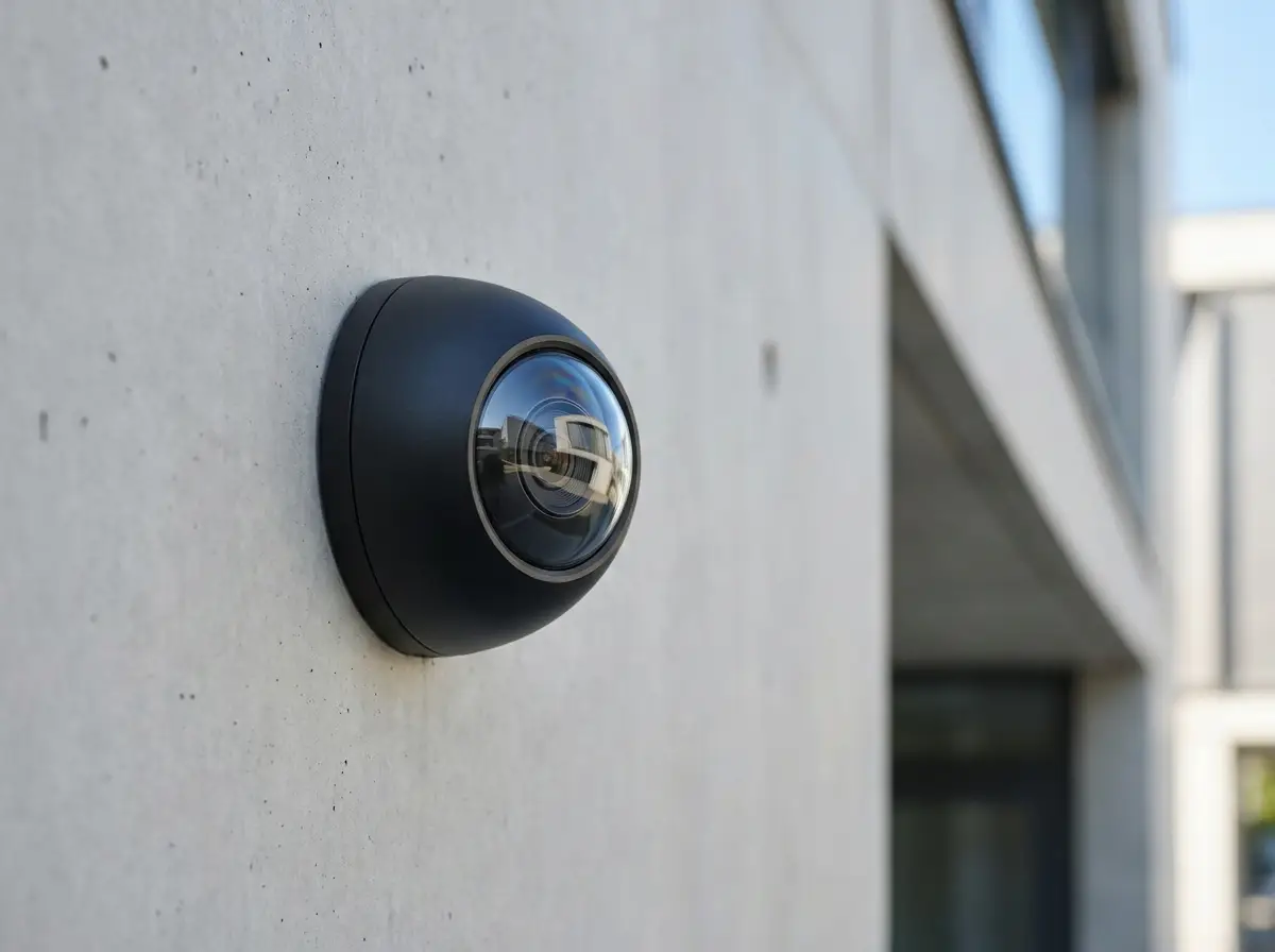 Discreet dome security camera on a modern exterior wall