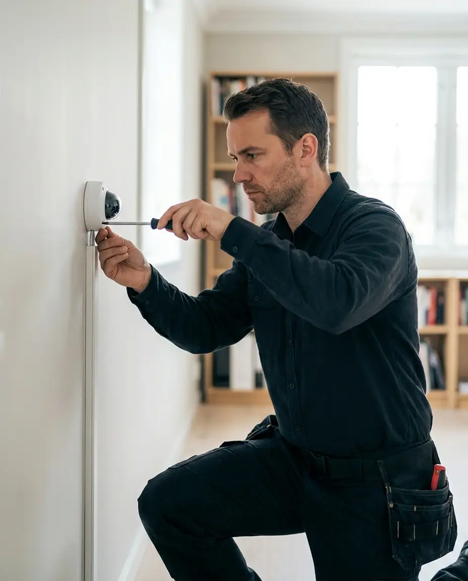 A technician neatly mounting a security camera
