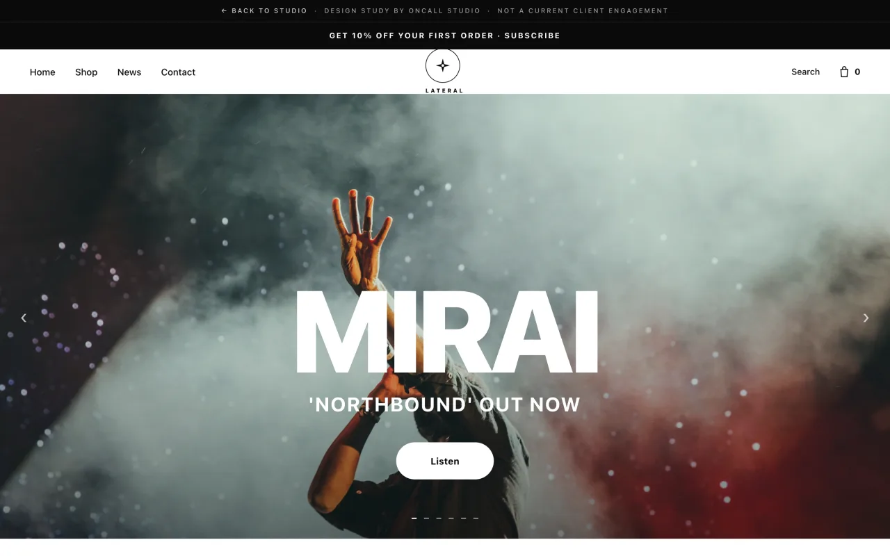 Lateral Co. music label website study with editorial release artwork.