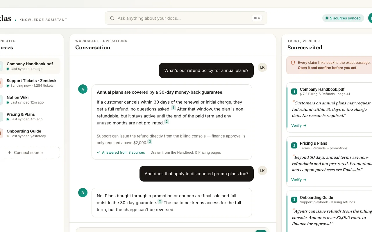 Atlas knowledge assistant interface study showing an example answer and sources.
