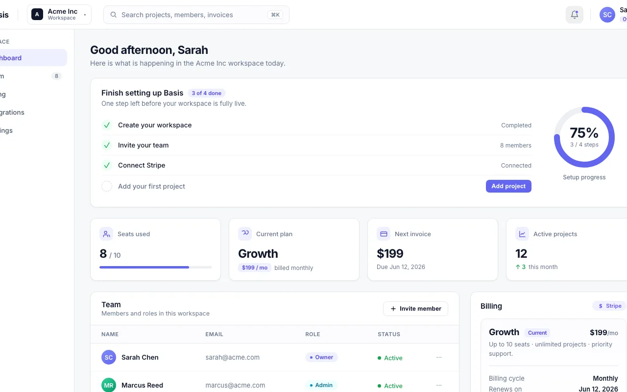 Basis workspace interface study displaying sample onboarding and team records.