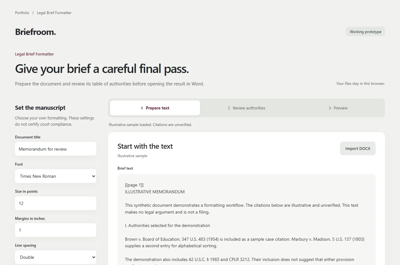 Legal Brief Formatter browser prototype displaying a synthetic brief.