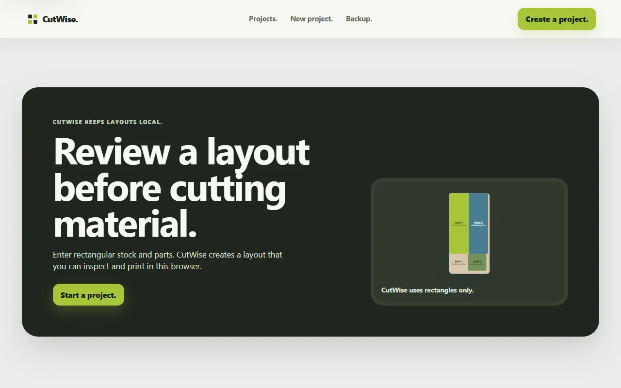 CutWise browser prototype showing sample material cuts.