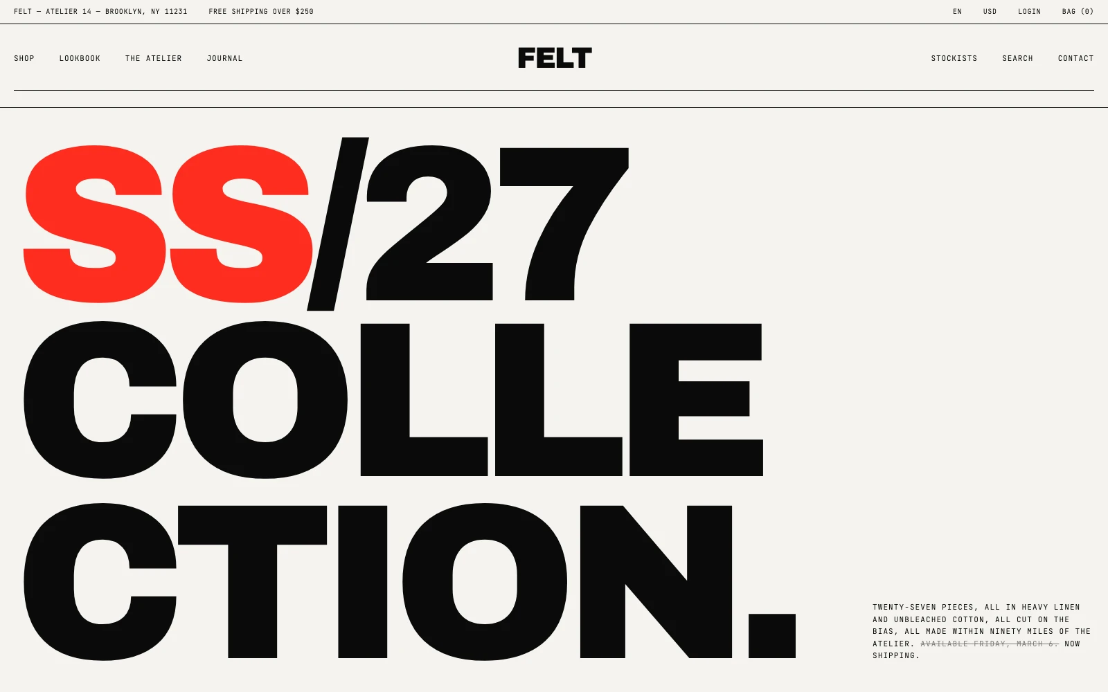 FELT fashion website study showing its SS/27 typographic collection introduction.