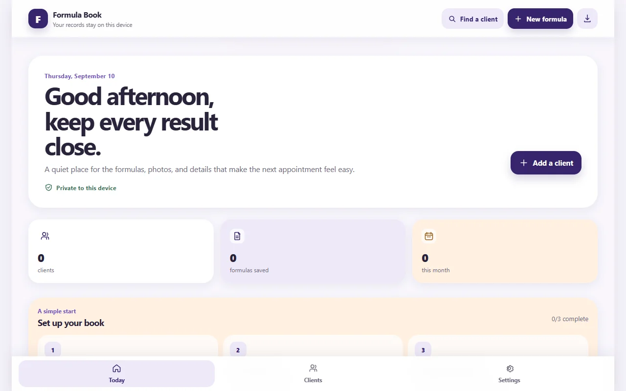 Formula Book browser prototype showing its initial client and formula dashboard.