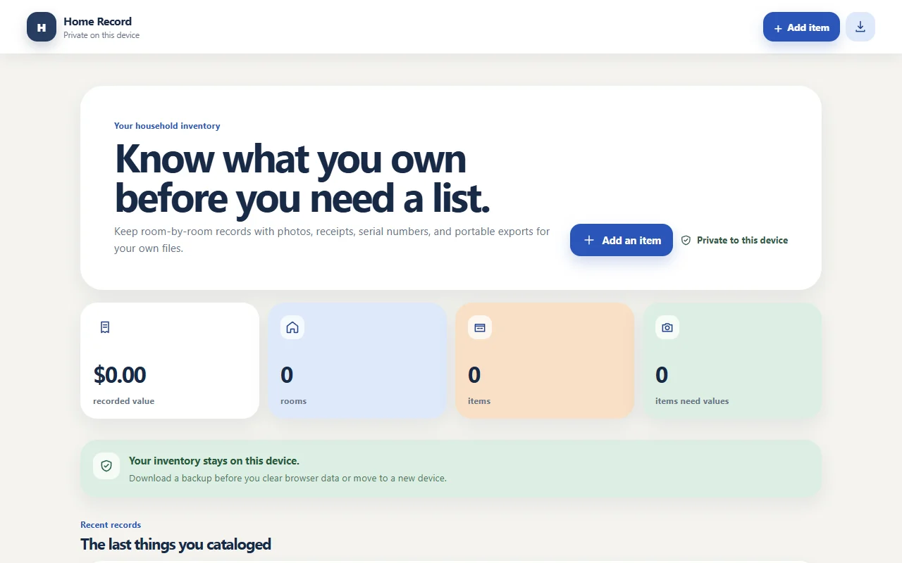 Home Record browser prototype showing an empty household inventory dashboard.