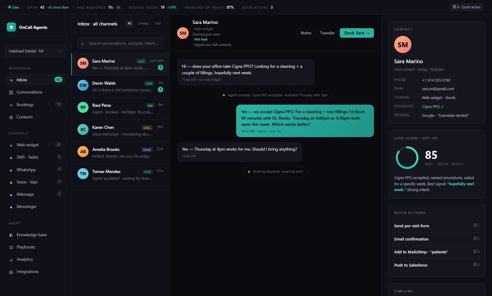 OnCall Agents inbox showing sample conversations and a reply panel.