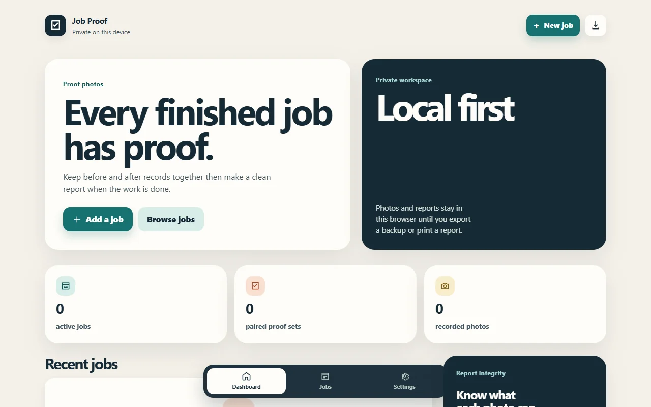 Job Proof browser prototype showing its dashboard before any jobs are added.