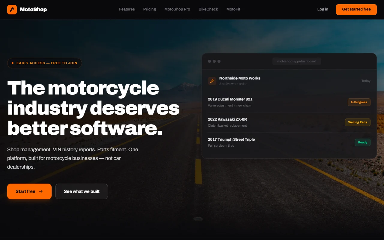 MotoShop Pro website concept introducing its proposed motorcycle shop tools.