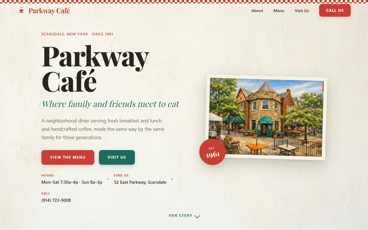 Parkway Café website showing its restaurant introduction and menu navigation.