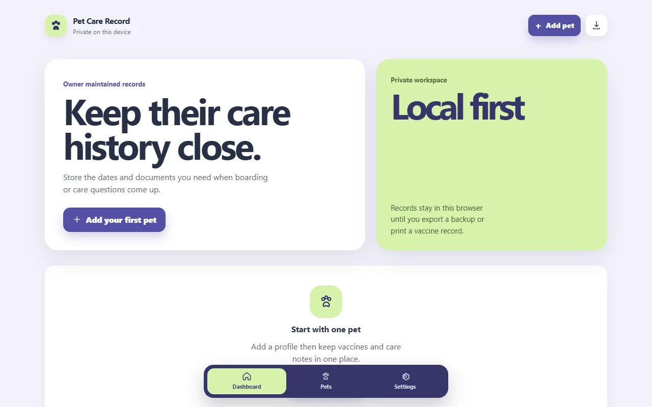 Pet Care Record browser prototype showing the first pet setup screen.