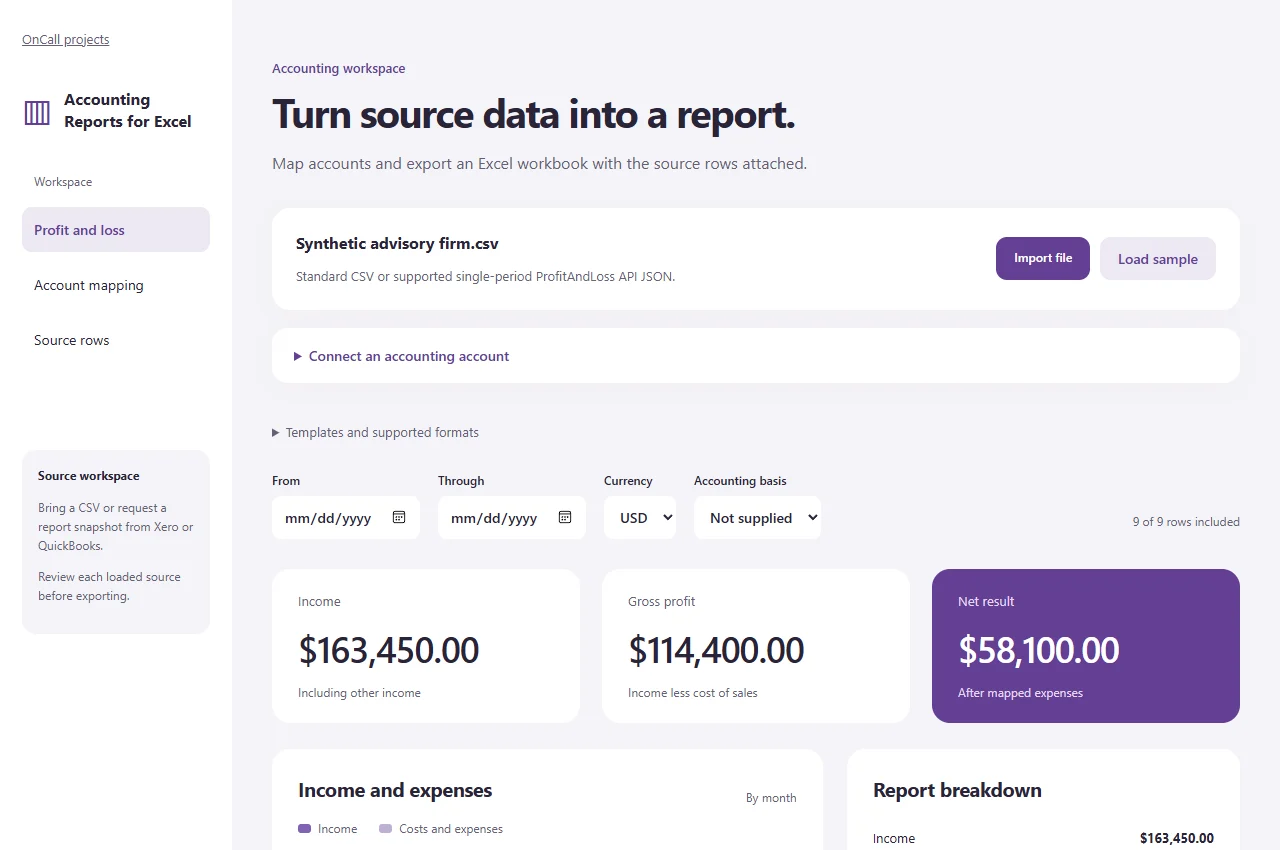 Accounting Reports for Excel browser prototype showing synthetic accounting data.