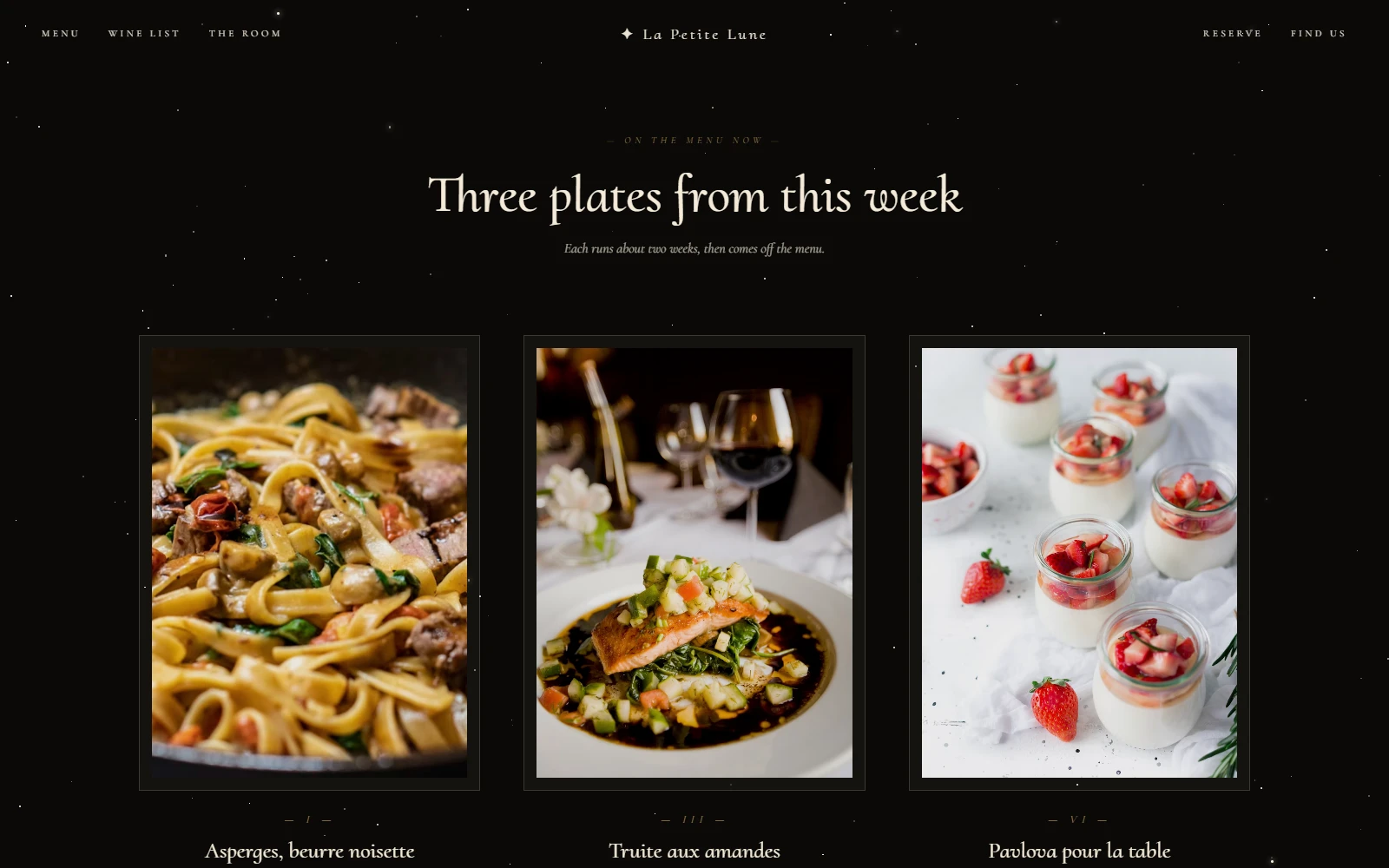 La Petite Lune restaurant website study showing its three-plate menu section.