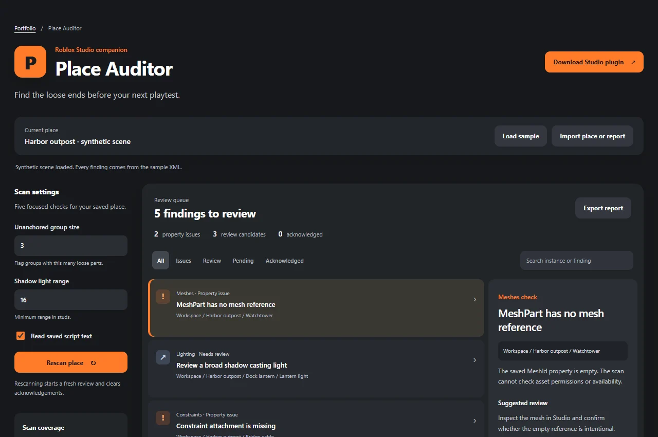 Roblox Place Auditor browser prototype displaying a synthetic project review.