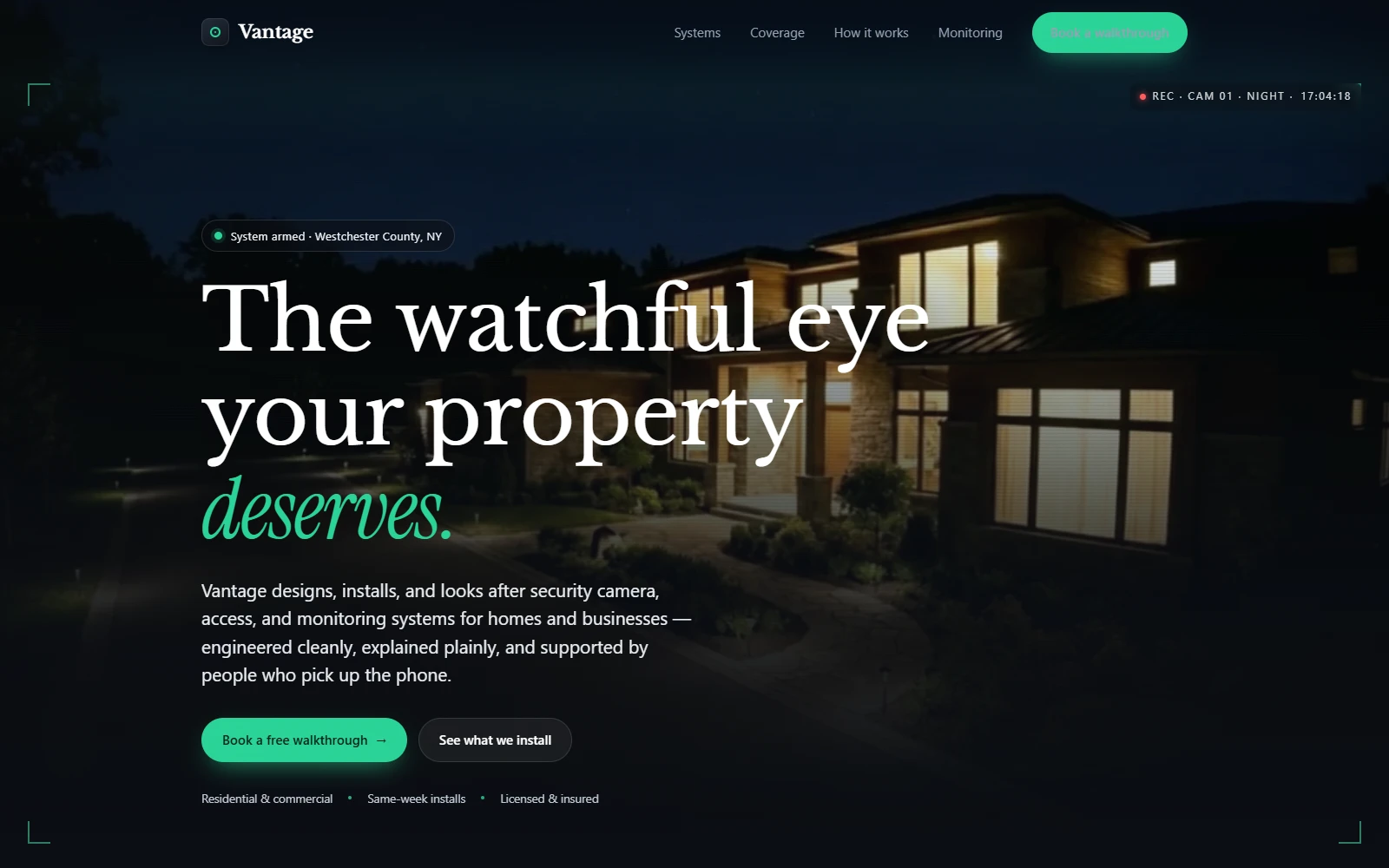 Vantage Security Systems website study introducing camera installation services.