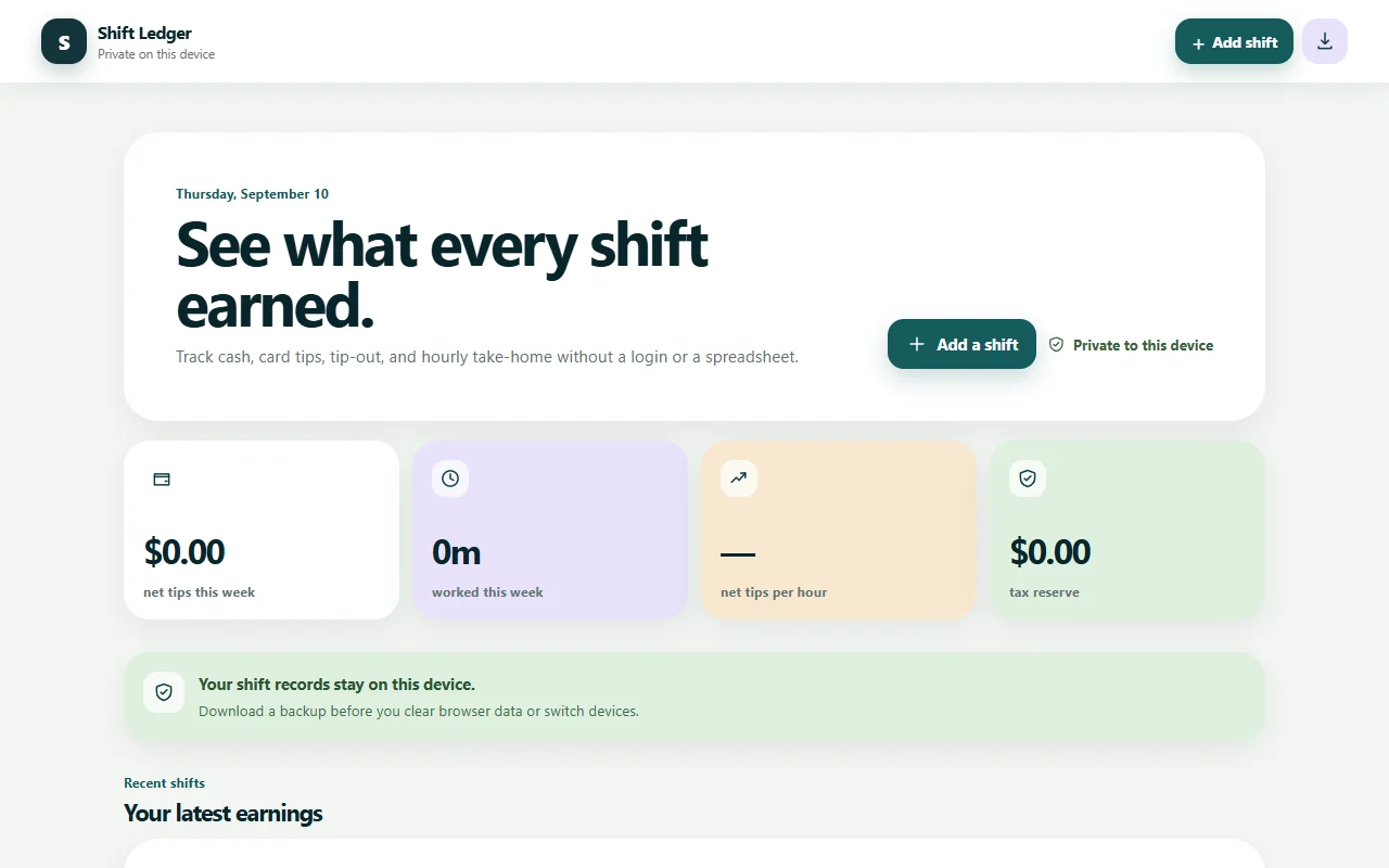 Shift Ledger browser prototype showing its dashboard before any shifts are added.
