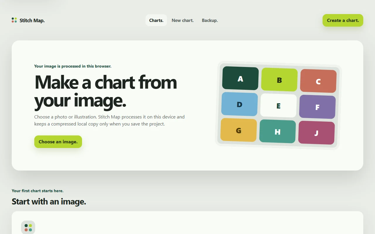 Stitch Map browser prototype showing its image upload start screen.