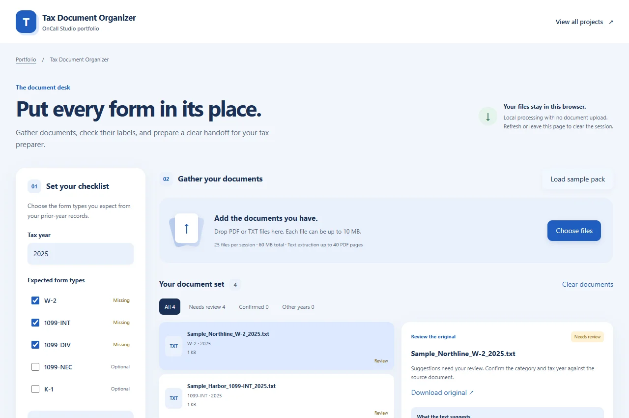 Tax Document Organizer browser prototype with synthetic document records.