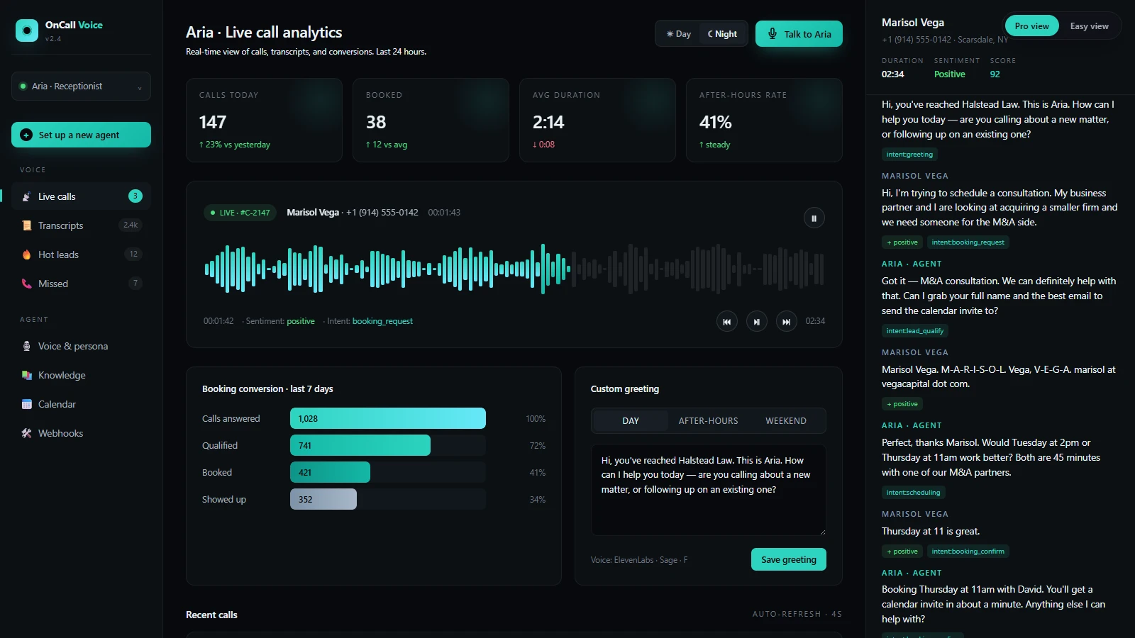 OnCall Voice operator interface with sample call records and transcript views.