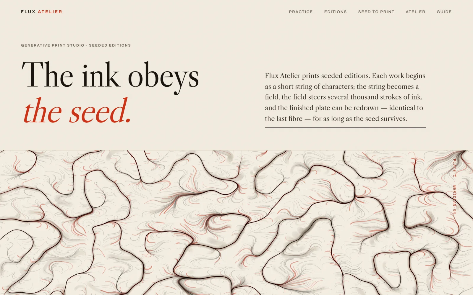 Flux Atelier interactive website displaying a generated canvas drawing.