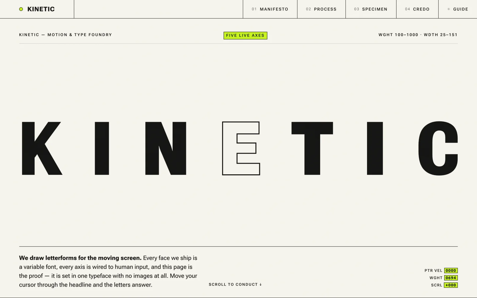 Kinetic interactive website showing a variable typography specimen.