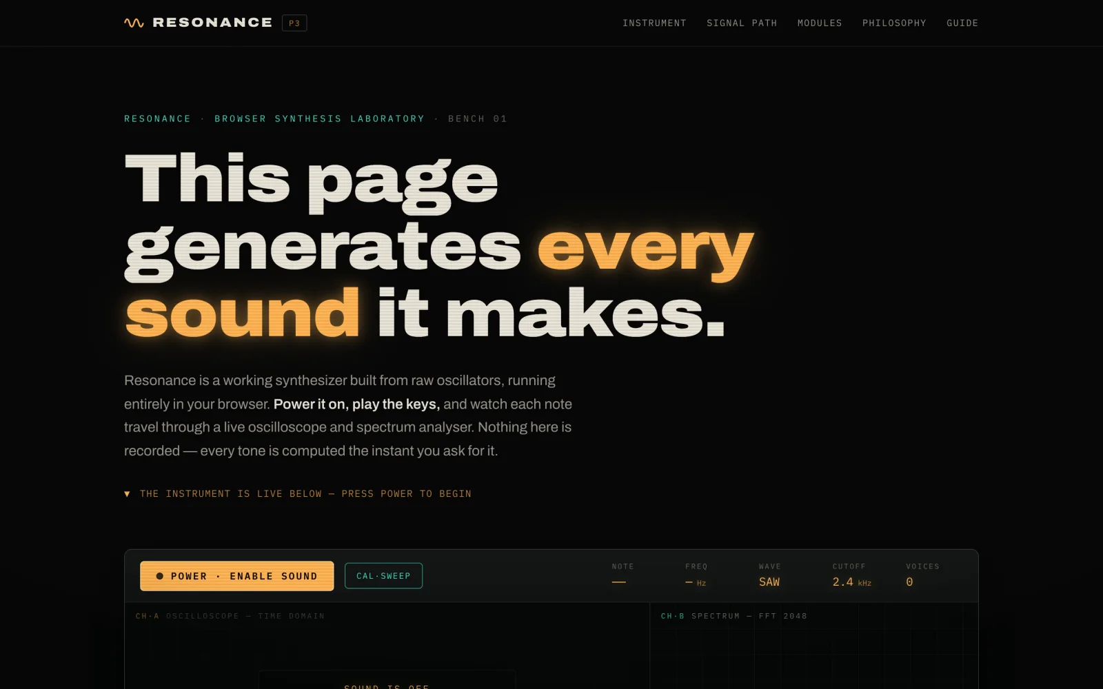Resonance interactive website with synthesizer controls and waveform displays.