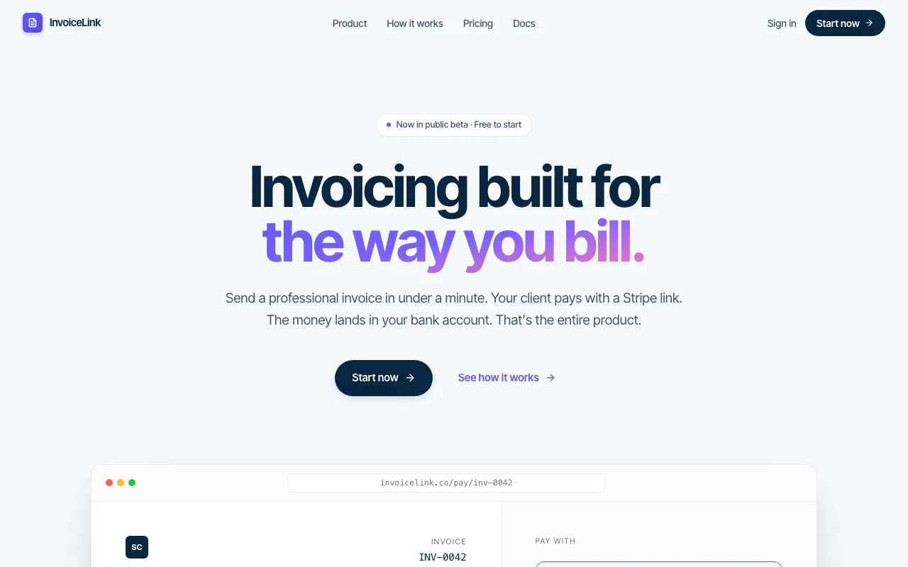 InvoiceLink website introducing invoice creation and payment links.