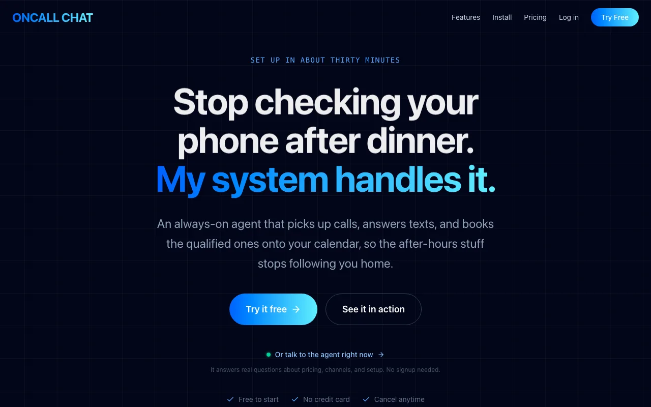 OnCall Chat website introducing its agent service and setup.
