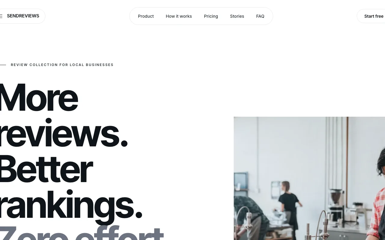SendReviews website presenting its review request service.